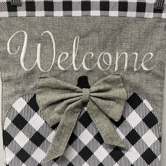 Pumpkin Burlap Fall Flag Autumn Welcome Sign Checkered Double Side Black White - Picture 3 of 7